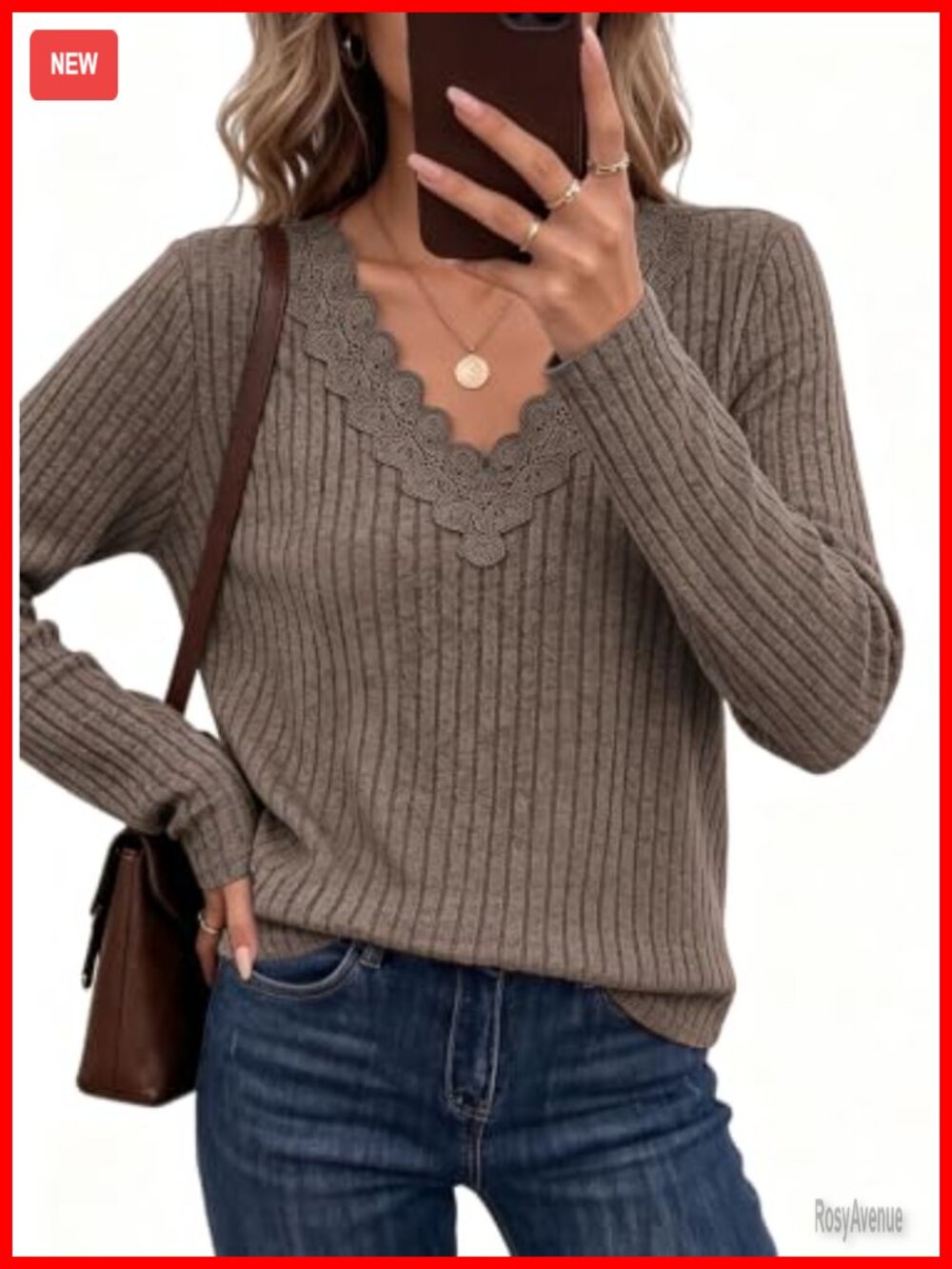 Womens Long Sleeve V Neck Lace Trim Ribbed Knit Tunic Top